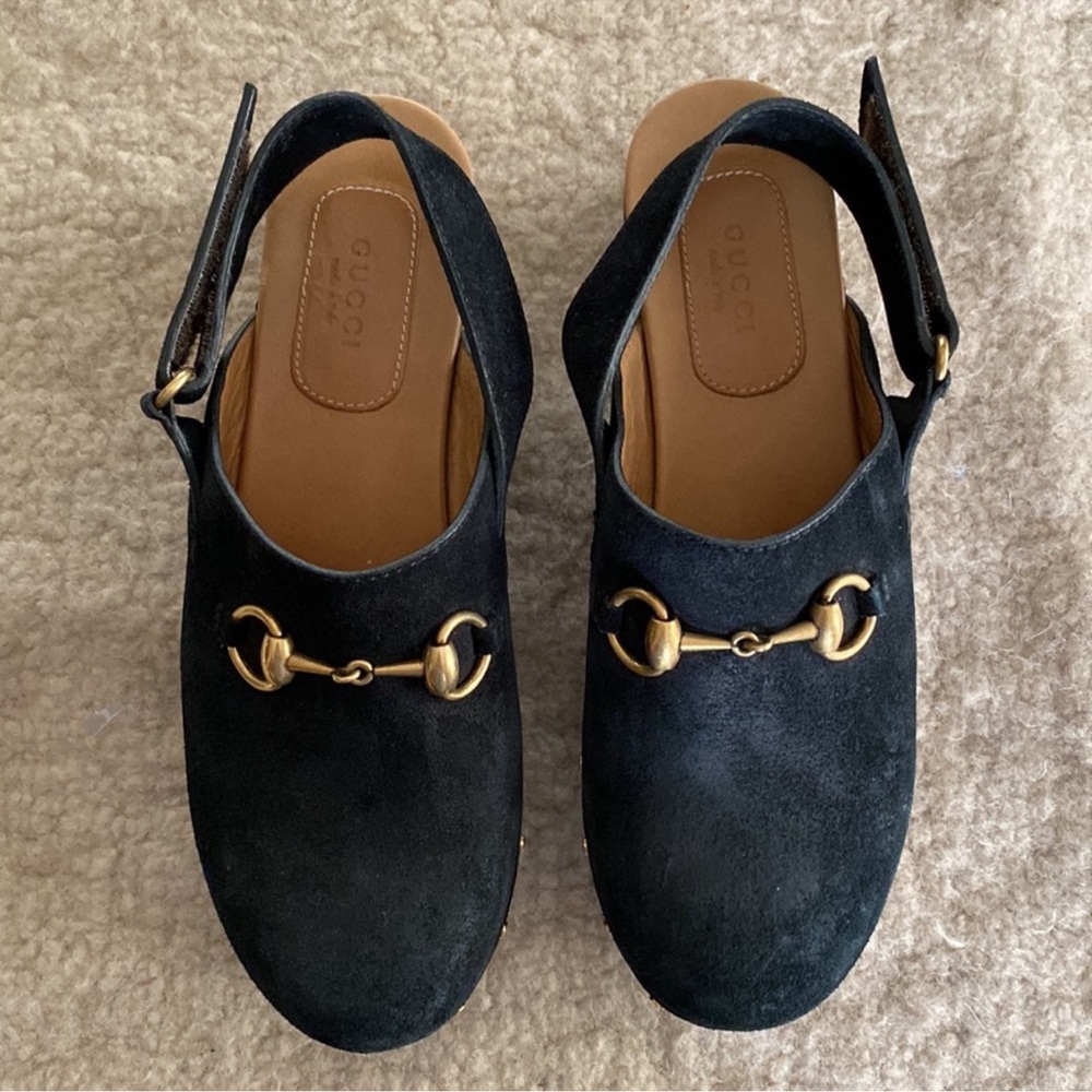 Gucci Black Suede Horsebit Clog Mules with Gold Studs - Picture 2 of 5
